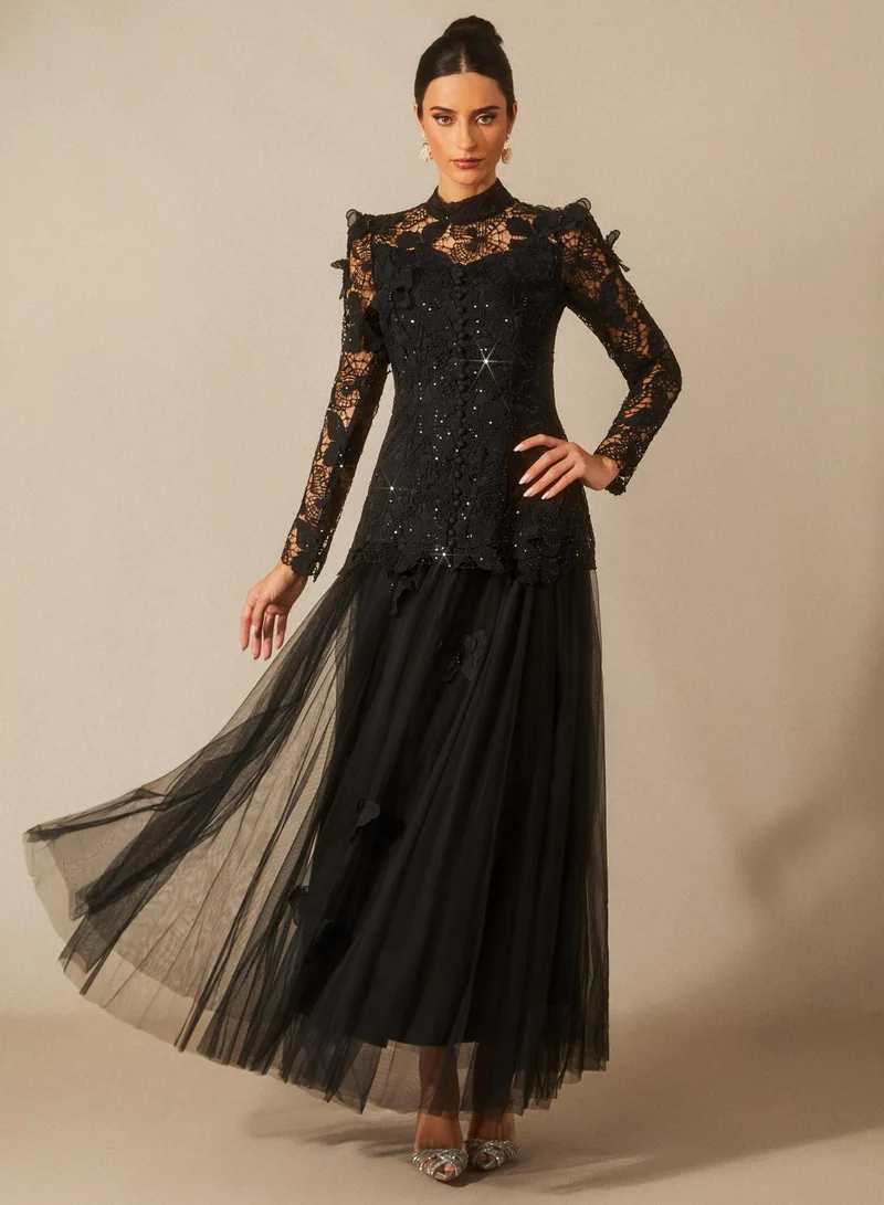 سنفير فستان ماكسي دانتيل مطرز بفراشة إليزابيث